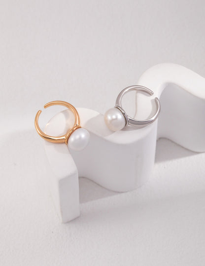 Natural Simple Sterling Silver Pearl Ring- F