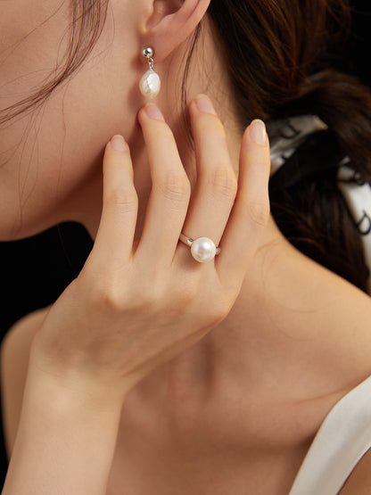 Natural Simple Sterling Silver Pearl Ring- F
